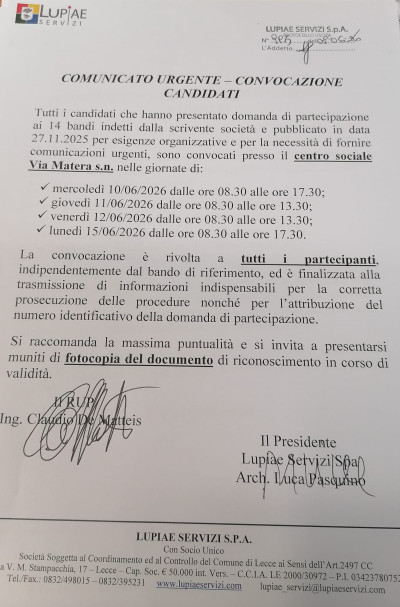Comunicato Urgente - Convocazione Candidati