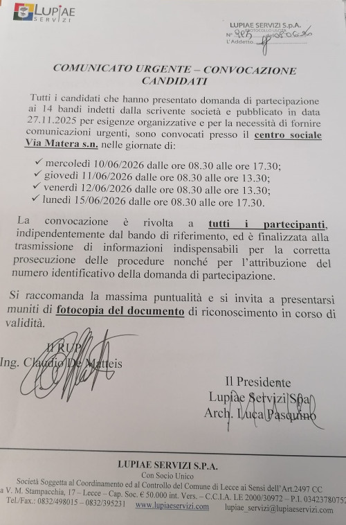 Comunicato Urgente - Convocazione Candidati