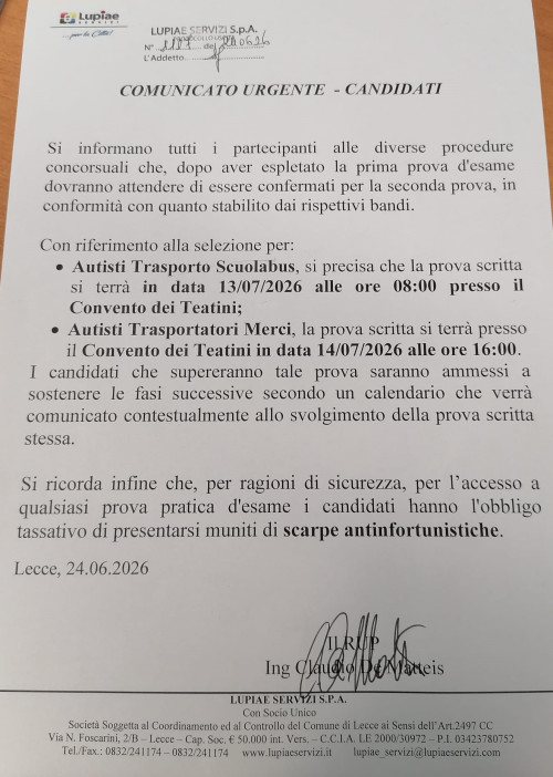 COMUNICATO URGENTE - PER TUTTI I CANDIDATI